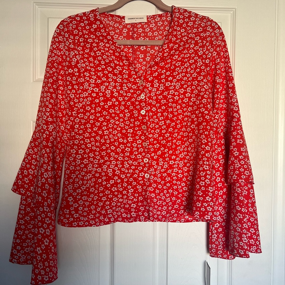 Goodnight Macaroon Margaux Red Floral Bell Sleeve Blouse NWT
